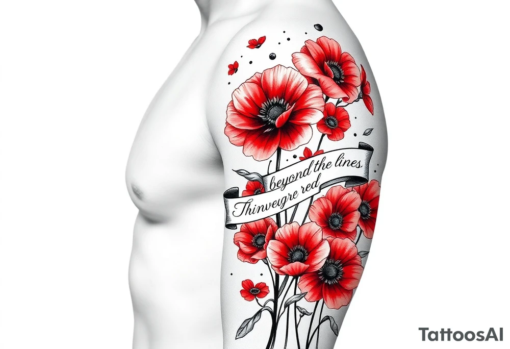 A possible design could feature:
•	A small child holding a paintbrush, painting a vibrant flower among a field of uniform red flowers.
•	A contrast between one colorful flower and the rest being red, symbolizing creativity vs. conformity.
•	A flowing ribbon with the phrase "Flowers are Red" or "Think Beyond the Lines" in elegant script.
•	A mix of watercolor and sketch styles to highlight both freedom and rigidity. tattoo idea