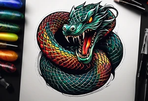 Venomous Serpent Coiling: A realistic tattoo of a venomous serpent, its fangs bared and eyes glowing, coiling around the arm with intricate scales and a menacing expression. tattoo idea
