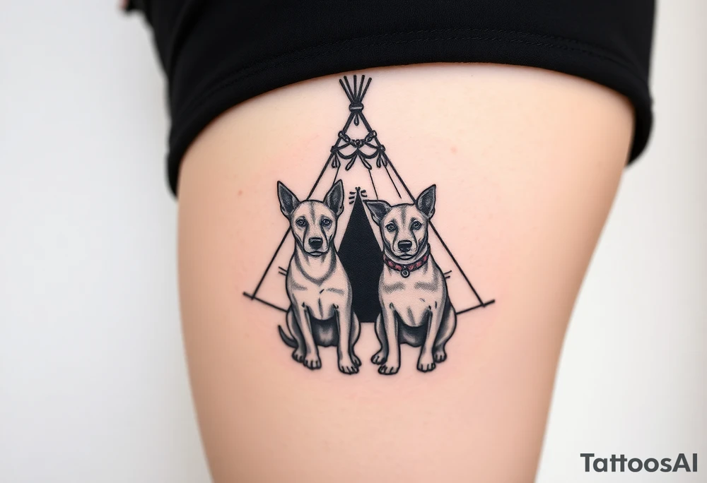 two dogs in front of a teepee tattoo idea