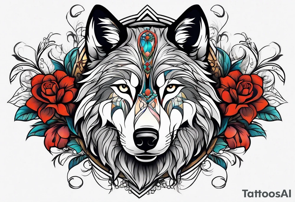 Wolf, flower, cross tattoo idea