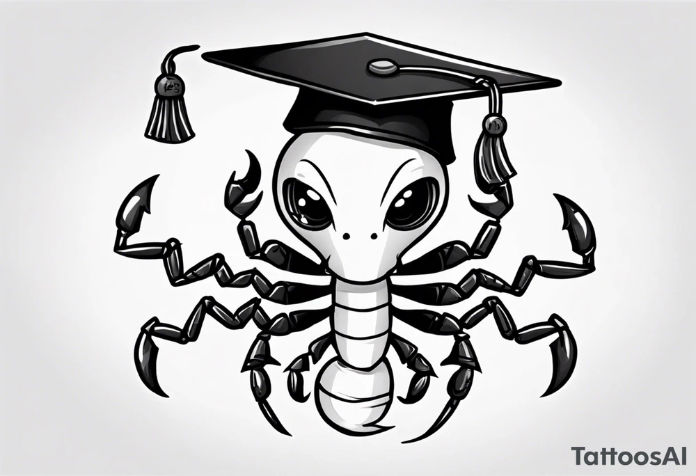 cute scorpion wearing a graduation cap that says 2023, with the background that represents game development and designs tattoo idea