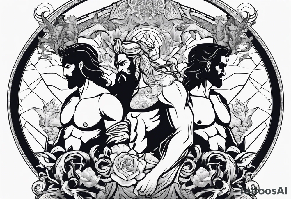 Poseidon and hades back to back with font in between and year of birth underneath tattoo idea
