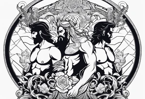 Poseidon and hades back to back with font in between and year of birth underneath tattoo idea