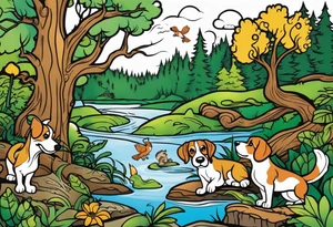 River swamp with beagles squirrel hunting tattoo idea