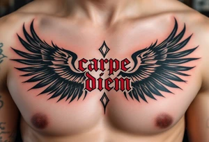 Bold gothic "carpe diem" lettering in deep crimson ink, flanked by black raven wings spreading outward on the chest. tattoo idea