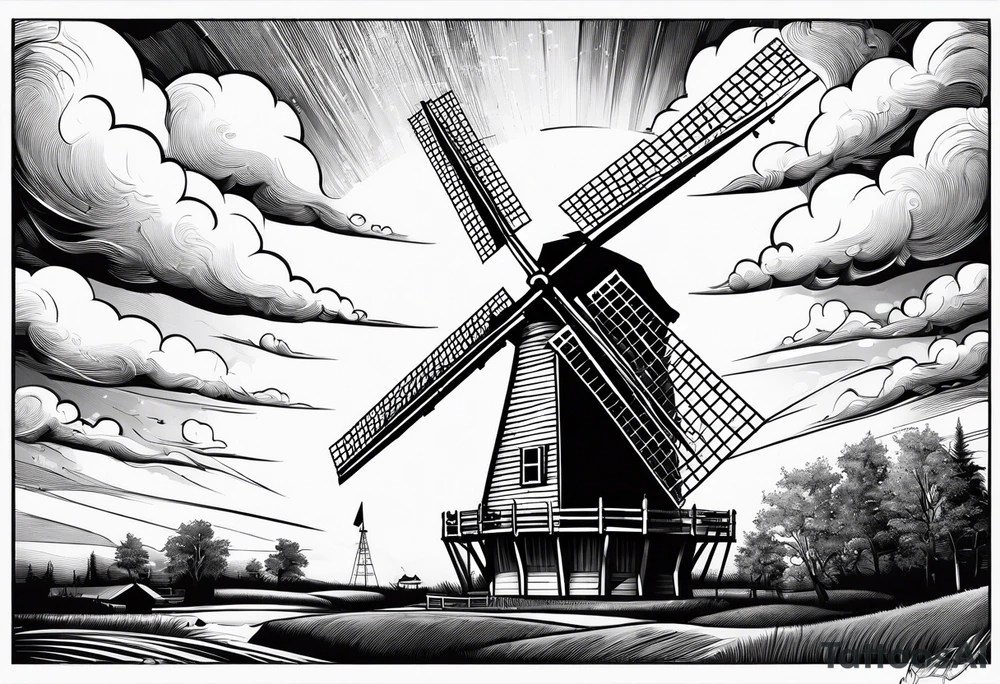 dutch windmill with Klomp written in text above tattoo idea