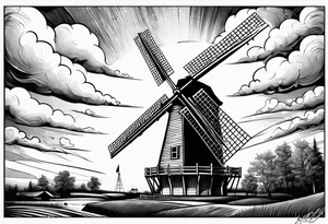 dutch windmill with Klomp written in text above tattoo idea