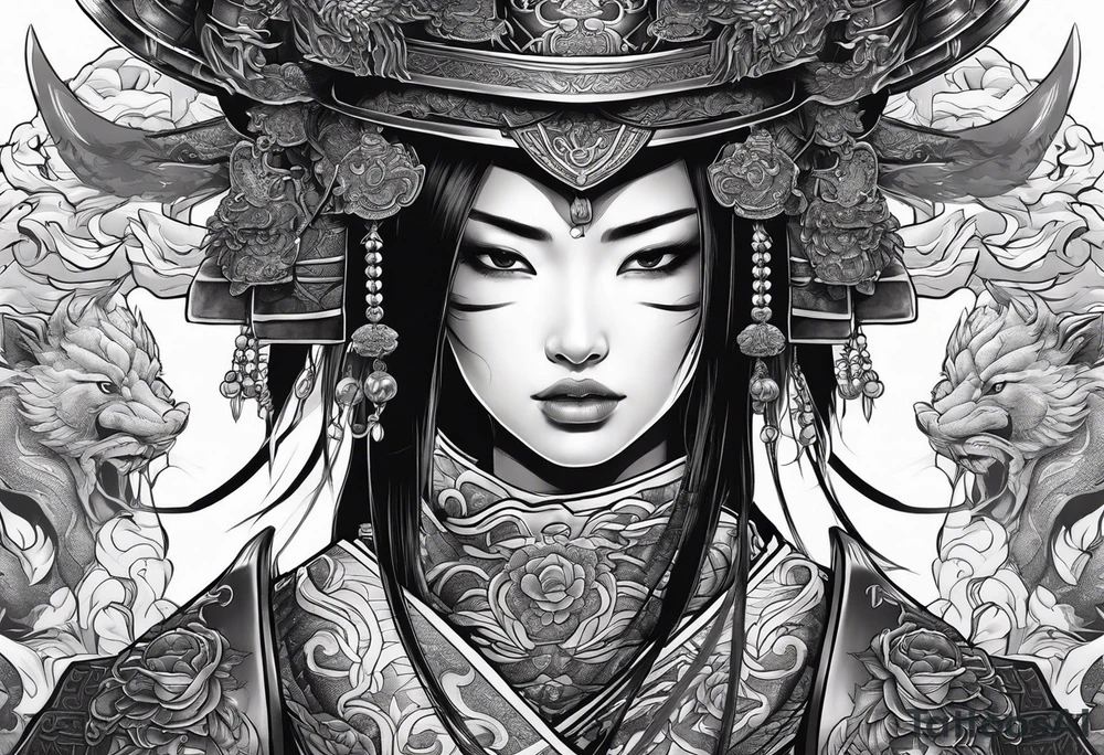 female warrior in samurai clothing half covering her face with a mask and twin dragons tattoo idea