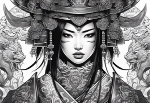 female warrior in samurai clothing half covering her face with a mask and twin dragons tattoo idea