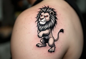 A black and white Czech lion standing on its hind legs, with red eyes, giving it an intense and fierce appearance, symbolizing resilience and determination. tattoo idea