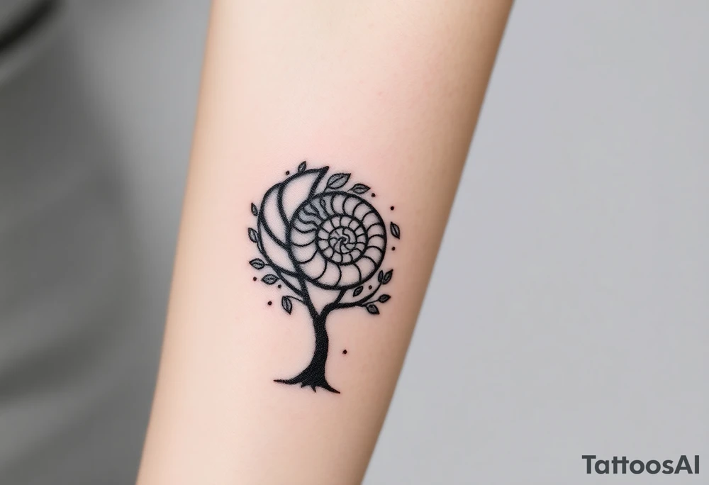 Fibonacci spiral shell on side of base of tree full of lots of leaves tattoo idea