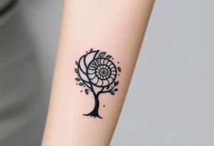 Fibonacci spiral shell on side of base of tree full of lots of leaves tattoo idea