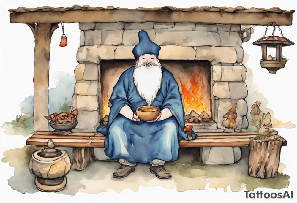 fat man with a long beard but no face wearing a mushroom hat and medieval tunic sitting on a bench by a fireplace drinking from a wood cup, laughing tattoo idea