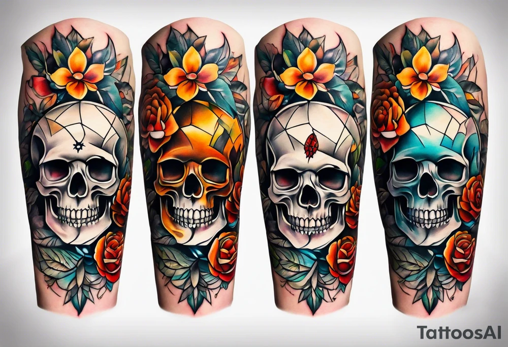 Old school center Knee tattoo with realistic skull, various flowers, water and fall colors tattoo idea