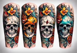 Old school center Knee tattoo with realistic skull, various flowers, water and fall colors tattoo idea
