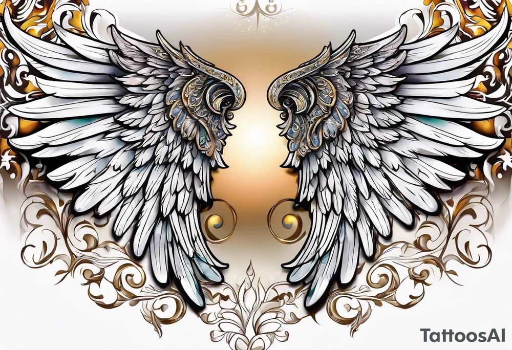 beautiful angel wings. with flilgree in the background tattoo idea
