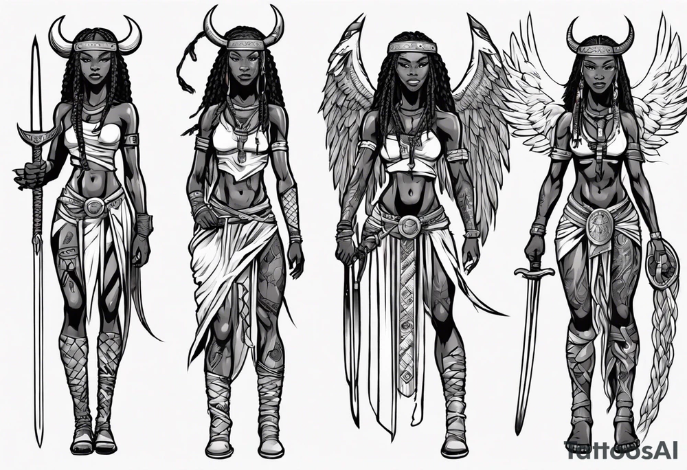 African female Viking valkyre angel smiling full body 
slim long face small mouth long braided hair holding sword tattoo idea