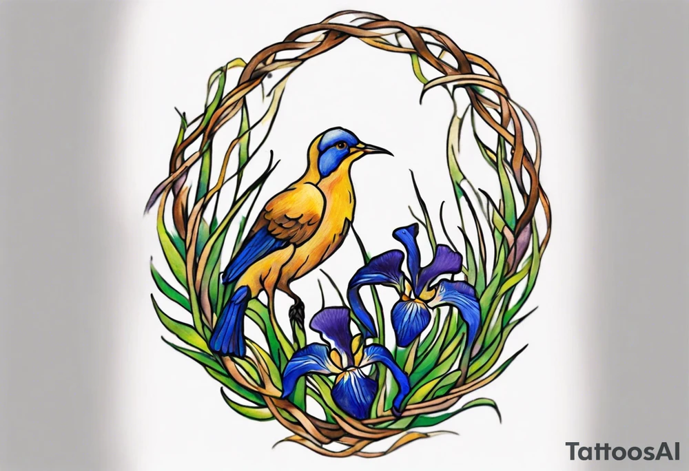 Create a colorful, small Vincent van Gogh Irises tattoo with a nest and bird. The tattoo should take the form of a crescent, with vines gracefully intertwining at a central point in the middle of the wreath. Ensure that the design avoids the appearance of a bush and maintains a more structured and deliberate arrangement. The intended placement is on the upper chest. The overall design should be small in size while maintaining a delicate and artistic aesthetic. Pay attention to the graceful flow of the vines and the placement of the irises to achieve a refined and elegant look tattoo idea