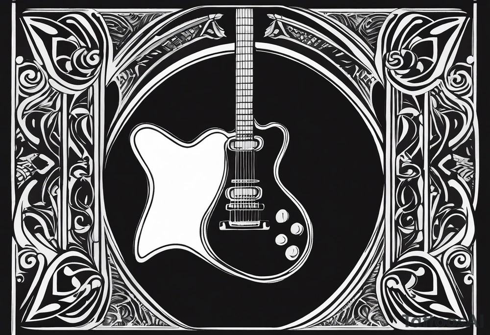 A minimalist guitar design, small in size, with clean lines and vintage detailing. The guitar represents a deep connection to music, with a classic, understated design that captures its essence without embellishments. tattoo idea