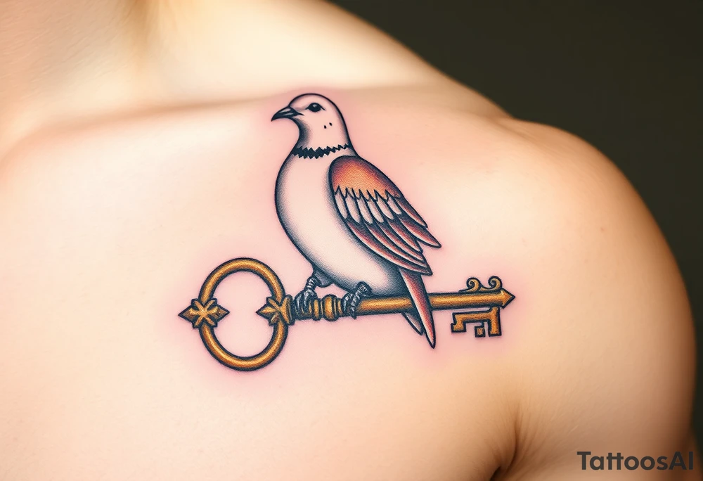 A collared dove perched on a vintage key, with the dove in soft browns and whites, and the key in antique gold, symbolizing love, protection, and freedom tattoo idea