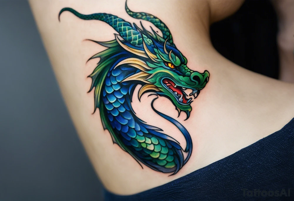 Micro realist Tattoo: An epic with no wings floating. Its body coiling dynamically, with scales and horns detailed to create a sense of movement and strength. The dragon's main color is dark blue but features accents in green, blue, and gold, giving a vibrant depth and a mystical aura. This tattoo highlights the dragon’s fierce expression and sharp claws as it wraps protectively around the leg. Style: Micro-realism tattoo idea
