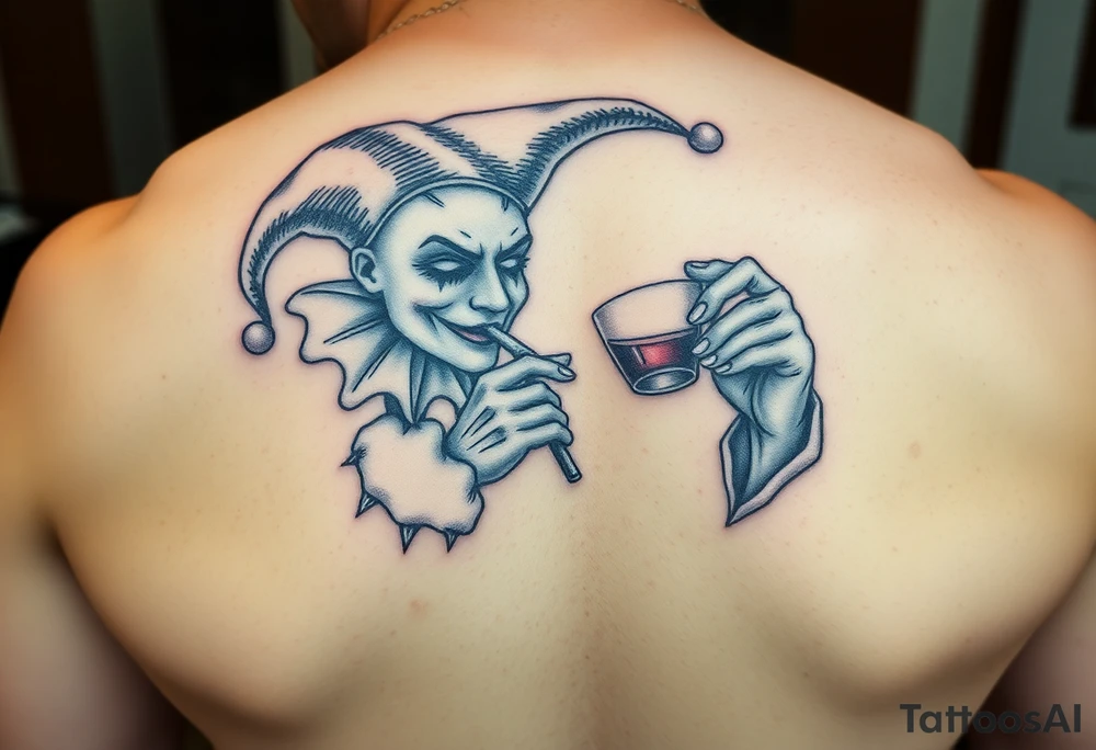 jester smoking and drinking in the other hand tattoo idea