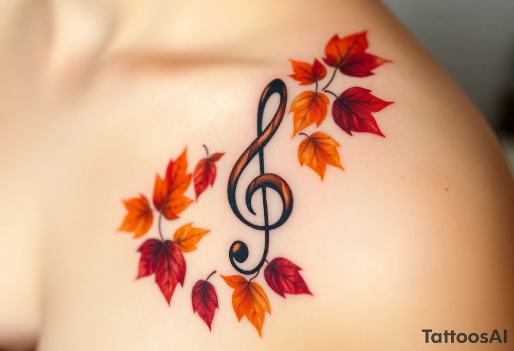 A treble clef surrounded by a cascade of falling autumn leaves, in shades of gold, orange, and deep burgundy, evoking a sense of change and movement tattoo idea