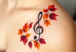 A treble clef surrounded by a cascade of falling autumn leaves, in shades of gold, orange, and deep burgundy, evoking a sense of change and movement tattoo idea