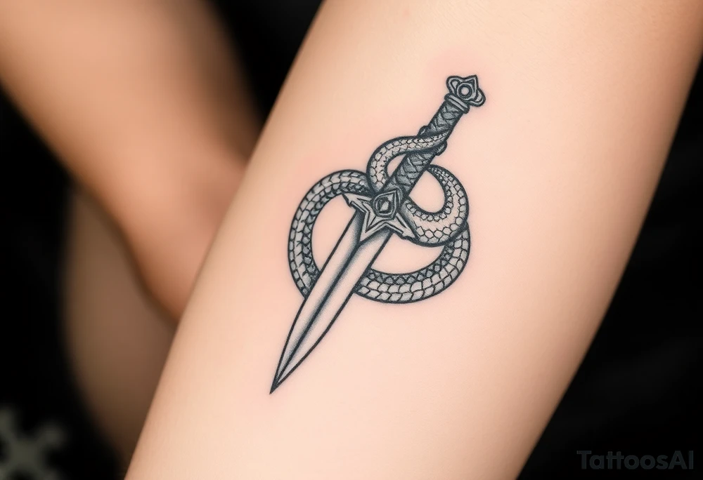 mystical snake coiled around an ancient dagger with jeweled hilt make it BIG tattoo idea
