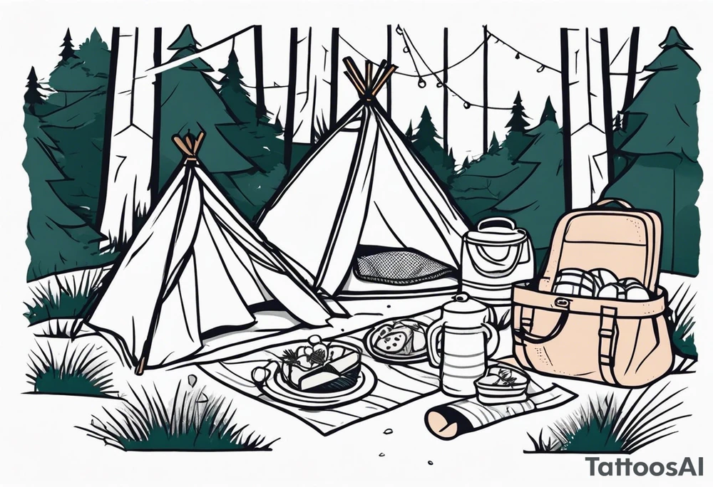 minimalstic picnic scene in a forest with a blanket on the ground with one picnic-basket, one backpack, pillows and party pennants. Thin lines. tattoo idea