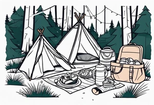 minimalstic picnic scene in a forest with a blanket on the ground with one picnic-basket, one backpack, pillows and party pennants. Thin lines. tattoo idea