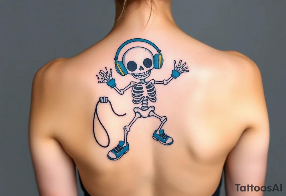 Cute smiling skeleton jumping on a jump rope with blue headphone and blue tennis shoes and blue armbands with colorful music notes tattoo idea