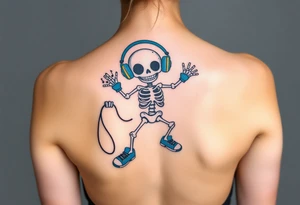 Cute smiling skeleton jumping on a jump rope with blue headphone and blue tennis shoes and blue armbands with colorful music notes tattoo idea