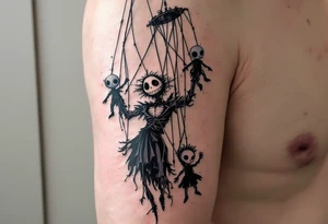 Tim Burton’s puppet master pulls tangled strings of porcelain dolls in faded peach and dusty gray. tattoo idea