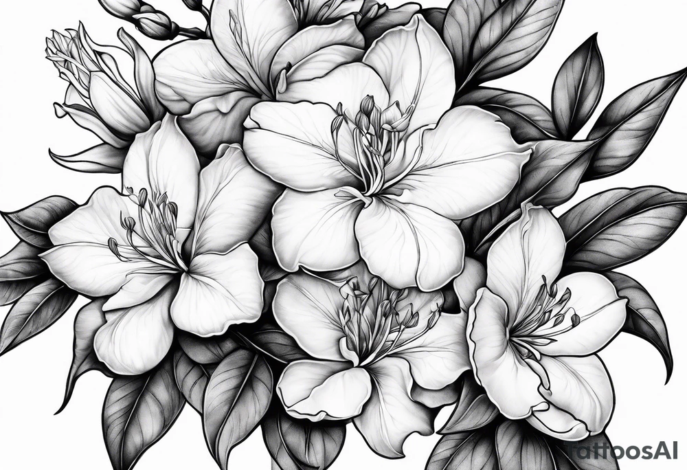 5-petal azaleas with buds along a long branch tattoo idea