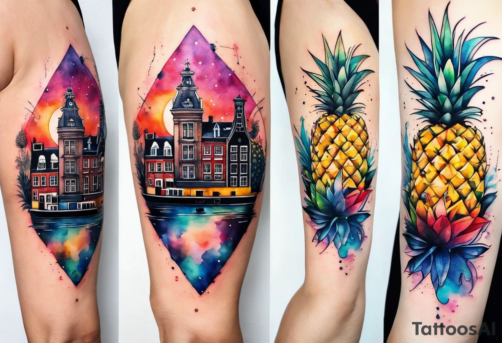 Watercolour tattoo featuring glass, animals in sections of pineapple, pineapples, space and Amsterdam houses, Amsterdam canal using galaxy colours featuring animals and birds, pineapples tattoo idea