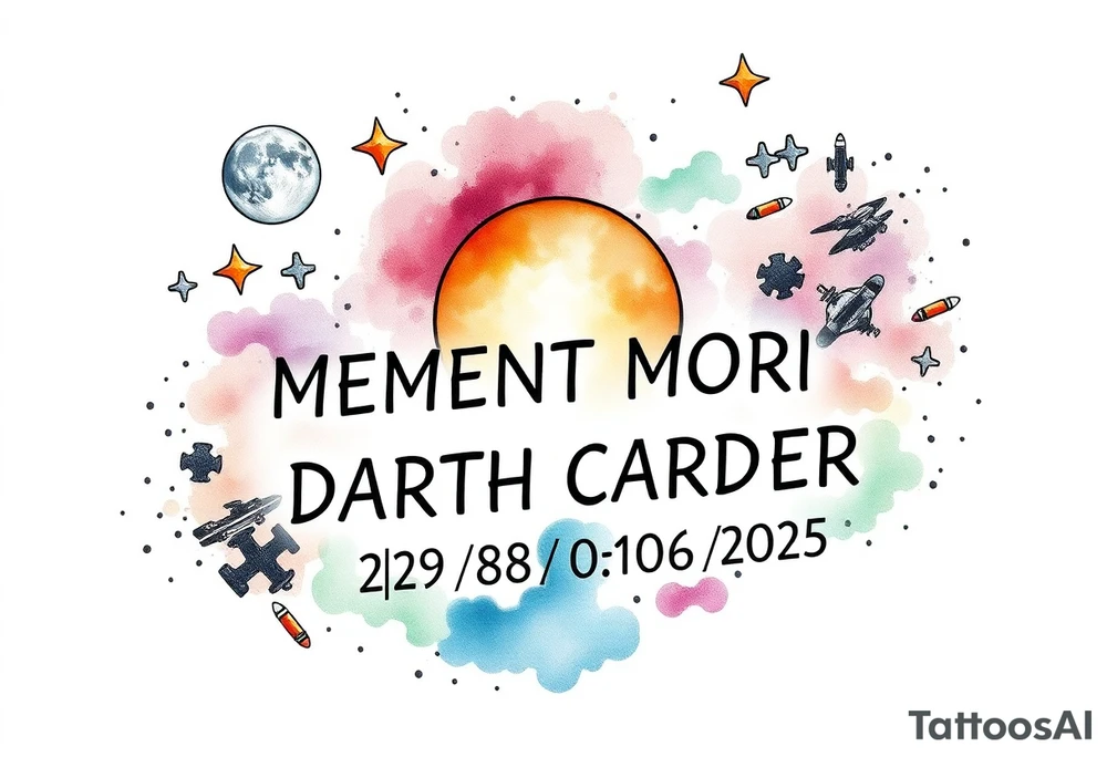 futuristic, spacey, memory tattoo: star wars, space, Harley Davidson, skateboarding, camping, puzzle pieces, video games, heaven, god, outdoors, bullets, words MEMENTO MORI & DARTH CARTER 12/29/88-01/06/2025 tattoo idea