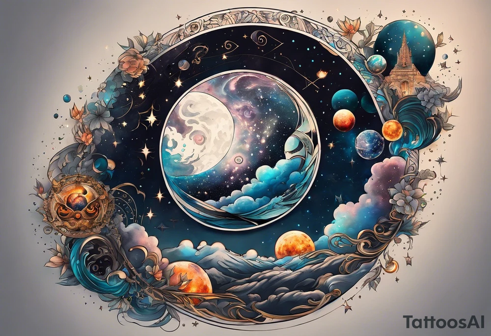 A tattoo featuring a cosmic scene with planets, black holes, and supernovae intertwined with intricate linguistic symbols, reflecting the client's interests in cosmology and linguistics. tattoo idea