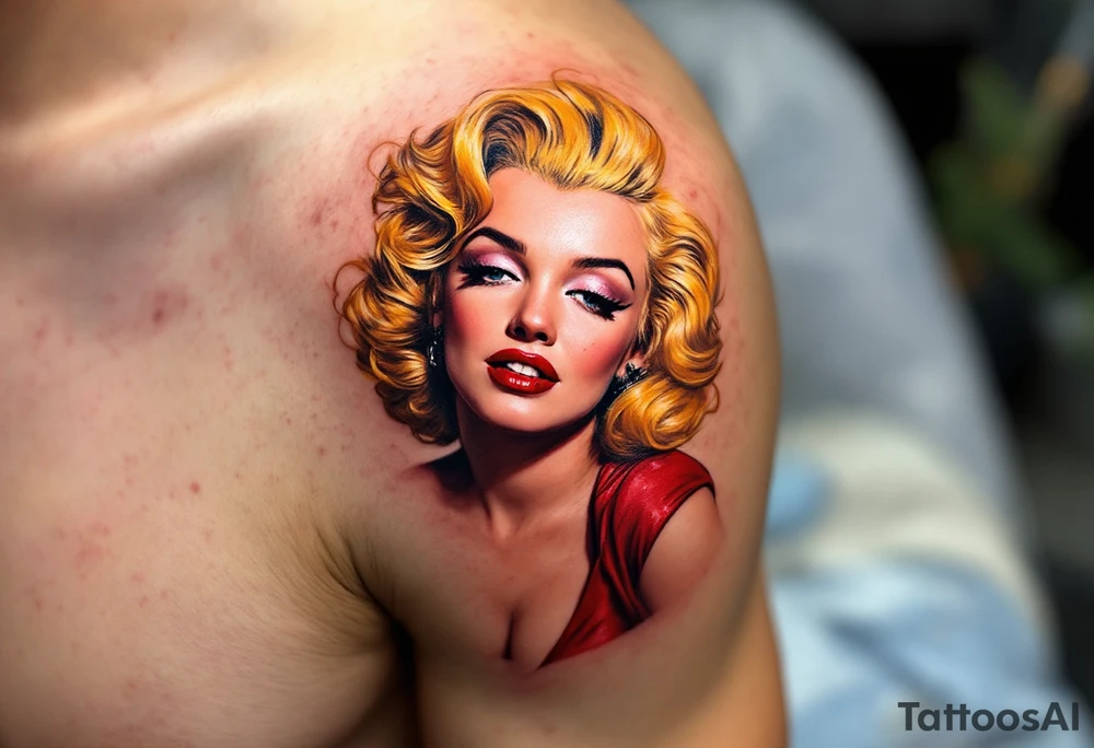 1950s movie poster-style tattoo with Marilyn in vibrant red dress and golden curls. tattoo idea
