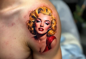1950s movie poster-style tattoo with Marilyn in vibrant red dress and golden curls. tattoo idea