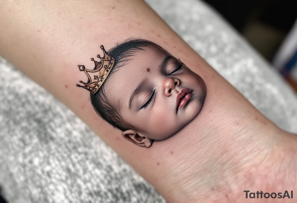 Profile portrait of a baby girl’s sleeping face with a tiny gold crown, with realistic detail. tattoo idea
