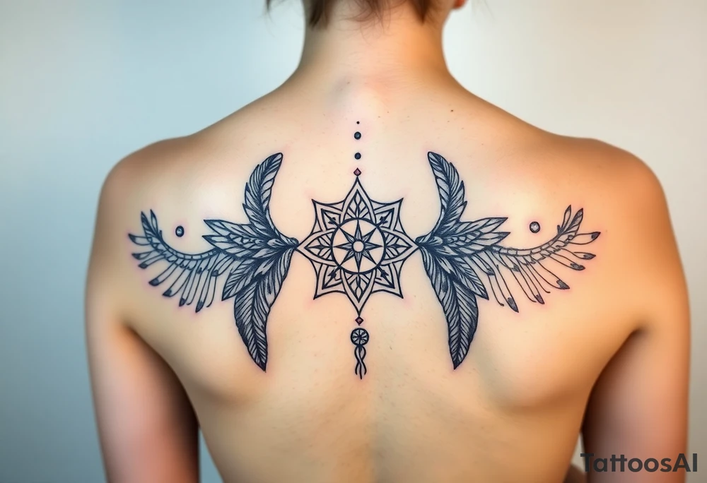 shaman symbols and mandalas and feathers wicca witch spiritual and sami culture big whole back tattoo idea