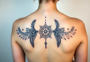shaman symbols and mandalas and feathers wicca witch spiritual and sami culture big whole back tattoo idea