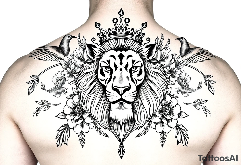 powerful majestic lion with a crown, surrounded by floral ornaments and birds tattoo idea