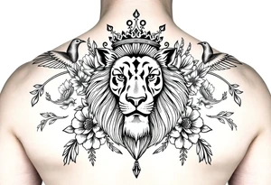 powerful majestic lion with a crown, surrounded by floral ornaments and birds tattoo idea