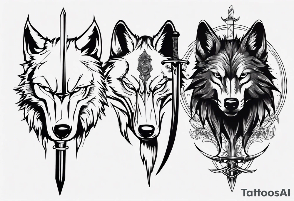 wolf head with sword in background tattoo idea