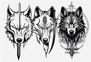 wolf head with sword in background tattoo idea