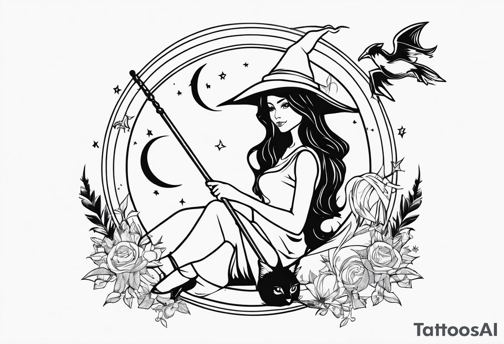 witch, fantasy, broom, cat, Harry Potter, charmed, moons tattoo idea
