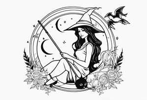witch, fantasy, broom, cat, Harry Potter, charmed, moons tattoo idea