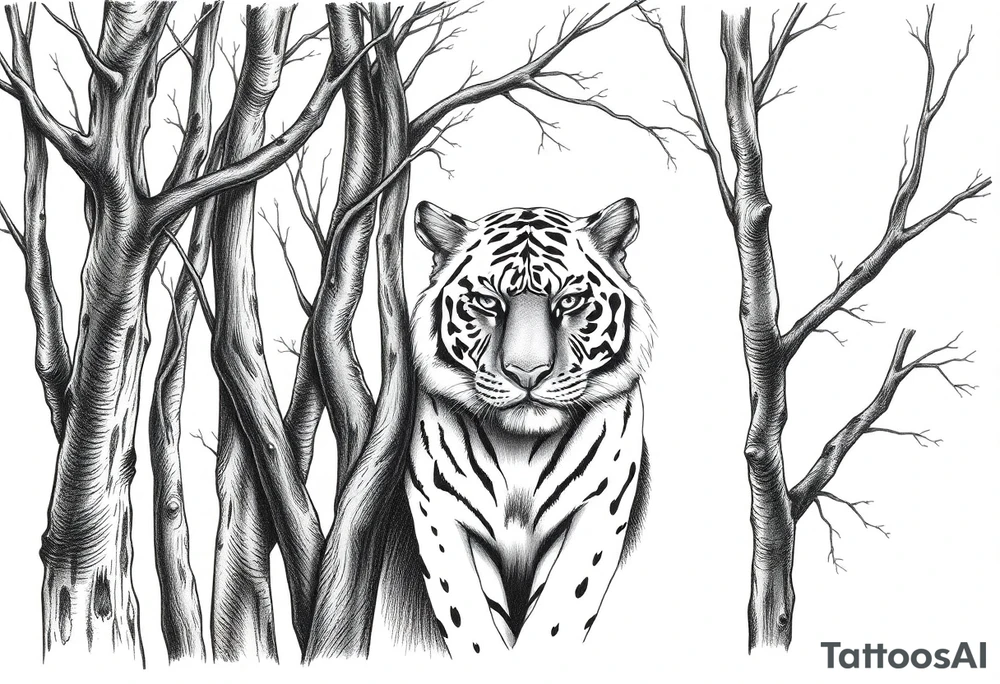 In front of the intertwined trees, looming inside the woods was a tiger that was very hard to see. tattoo idea